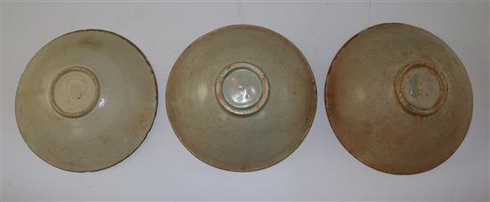 Three Qingbai (Ying qing) bowls, Song dynasty, 18 to 19cm, crazing and staining